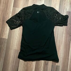 Torrid black lace sleeve cage front blouse